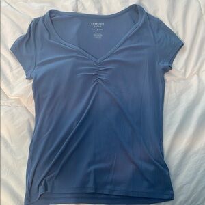American Eagle Outfitters Blue Ruched V-Neck T-Shirt